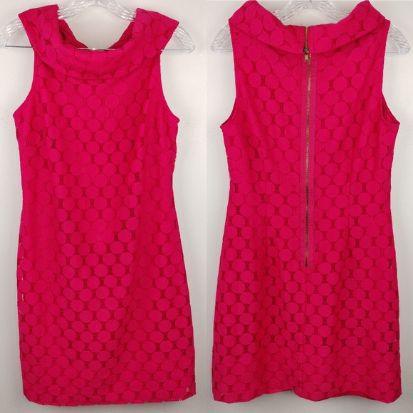 Adrianna Papell Eyelet Circle Cut Lace Overlay Boat Neck Dress in Hot Pink Sz.8 - Picture 1 of 12